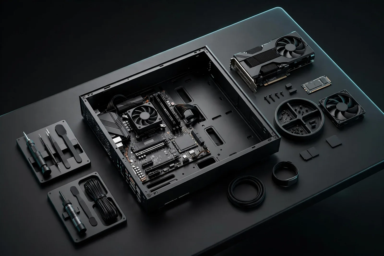 A technician workbench with an open case