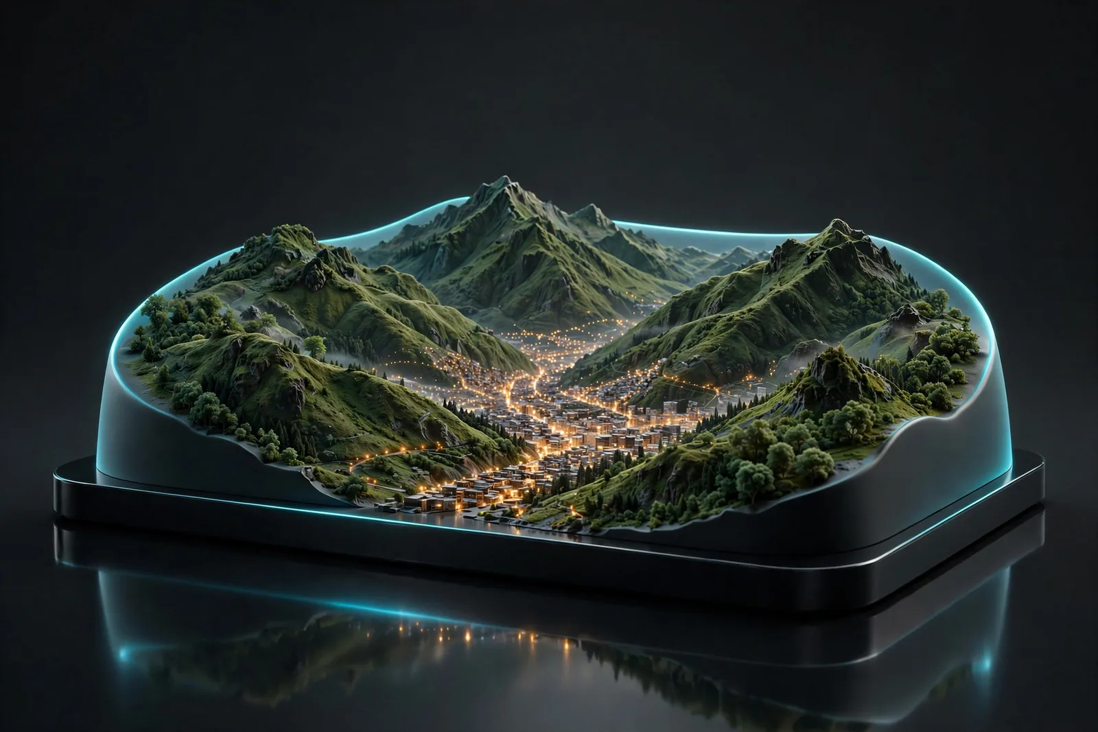Mountains around a city at dusk